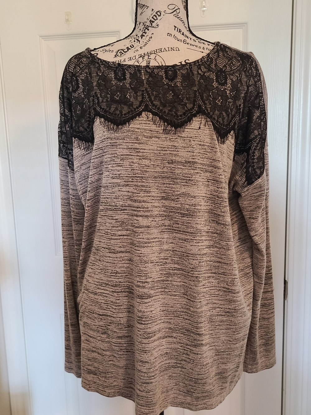 bobeau Beige and Black Lace Yoke Long Sleeve Top